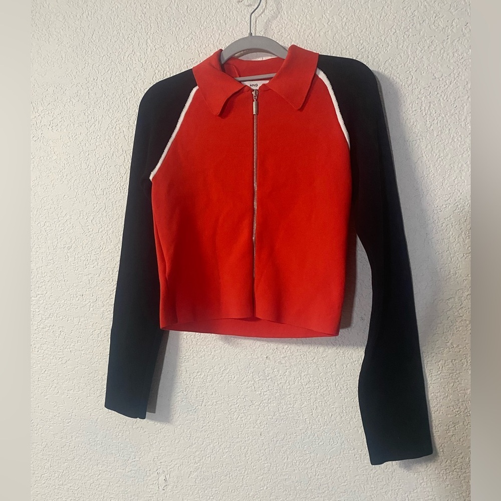 Mango Woman’s zipper Crop Cardigan Black red modern style size S - Picture 3 of 9